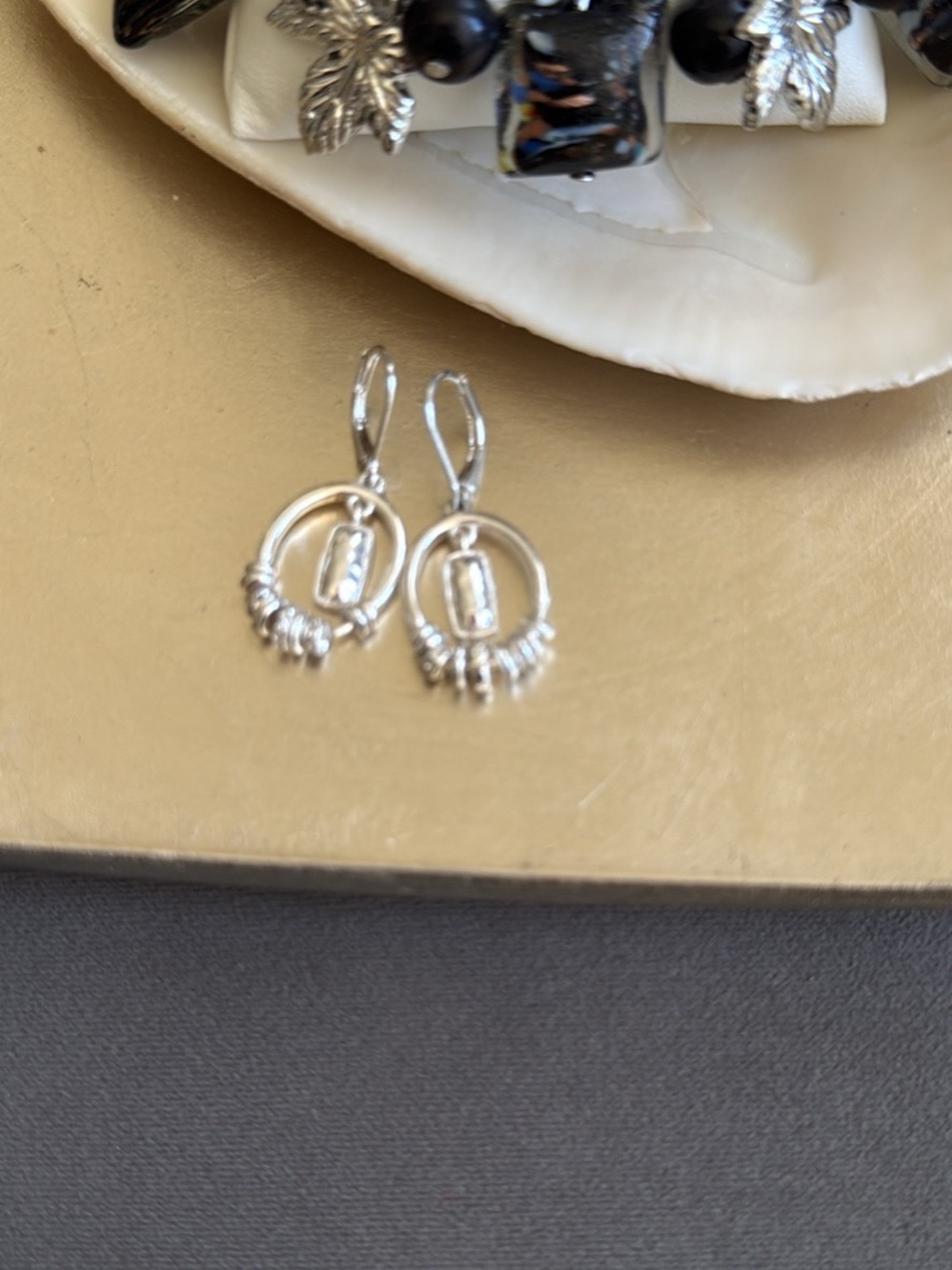 Cute Silver Hoop Drop Earrings with Accent Beads EUC